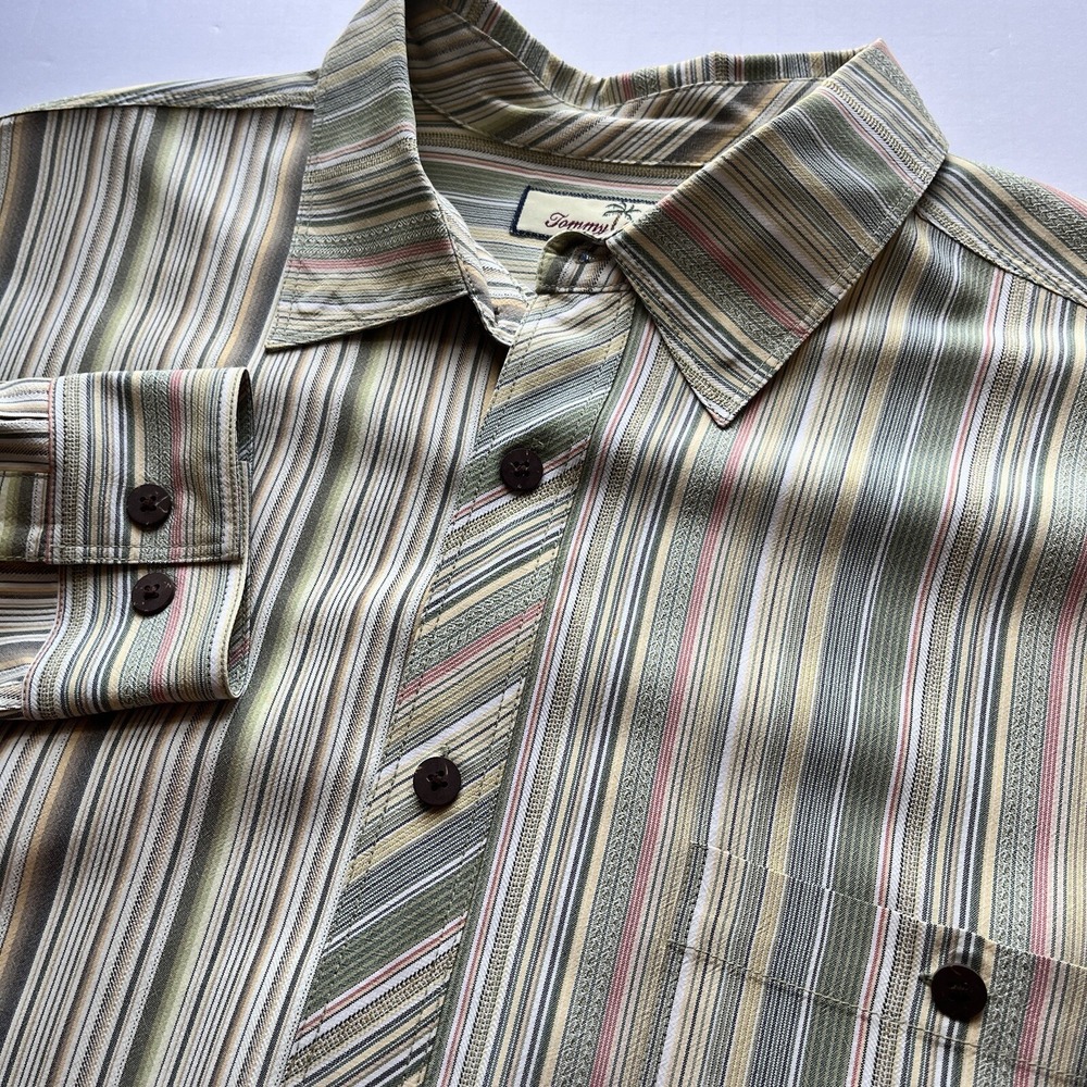 Tommy Bahama Mens Large 100% Silk Long Sleeve‎ Striped Button Down Shirt Green